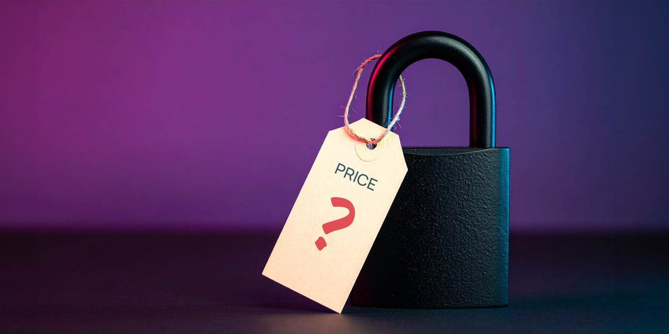 A matte black padlock with a paper price tag reading PRICE and a question mark