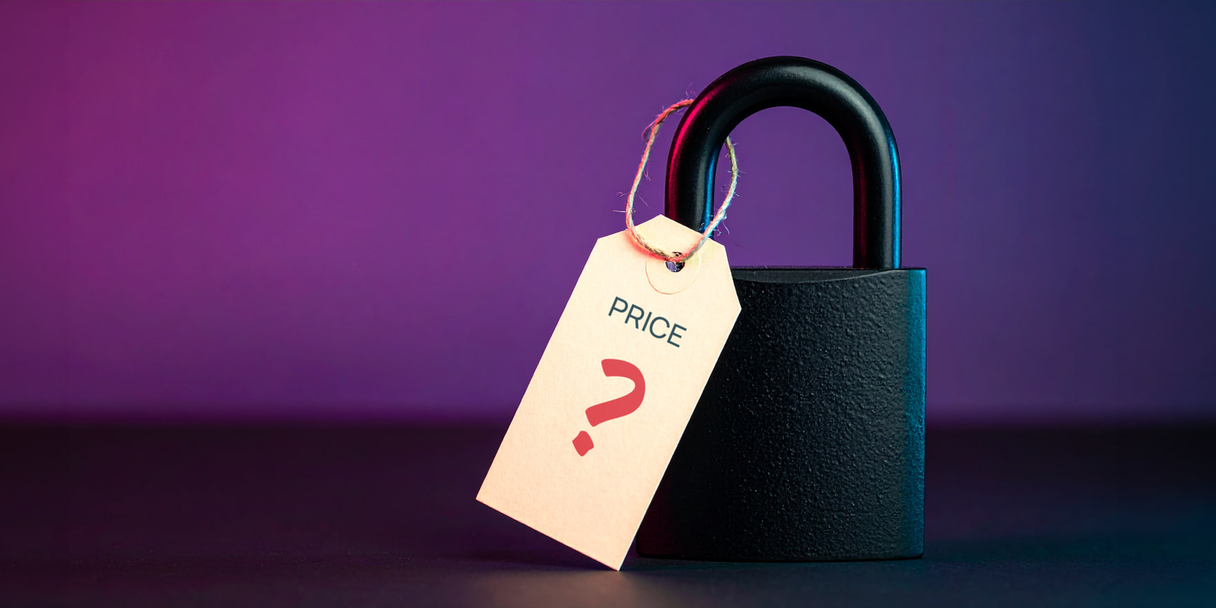 A matte black padlock with a paper price tag reading PRICE and a question mark
