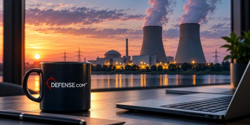 A Defense.com mug and a laptop on a desk beside a window, with a power station across the water at sunset