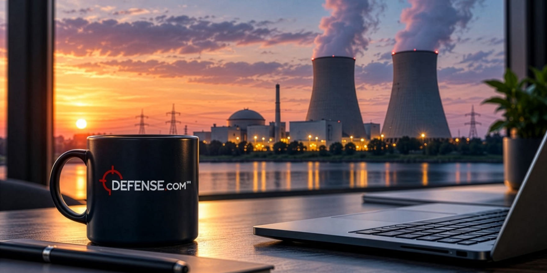 A Defense.com mug and a laptop on a desk beside a window, with a power station across the water at sunset