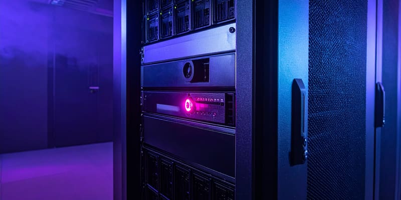 A server rack in a dark data centre with a glowing magenta warning light