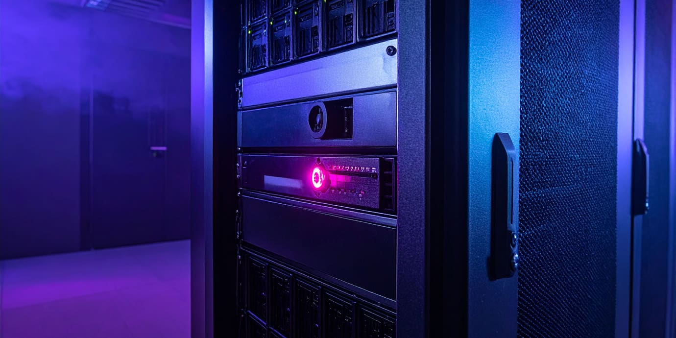 A server rack in a dark data centre with a glowing magenta warning light