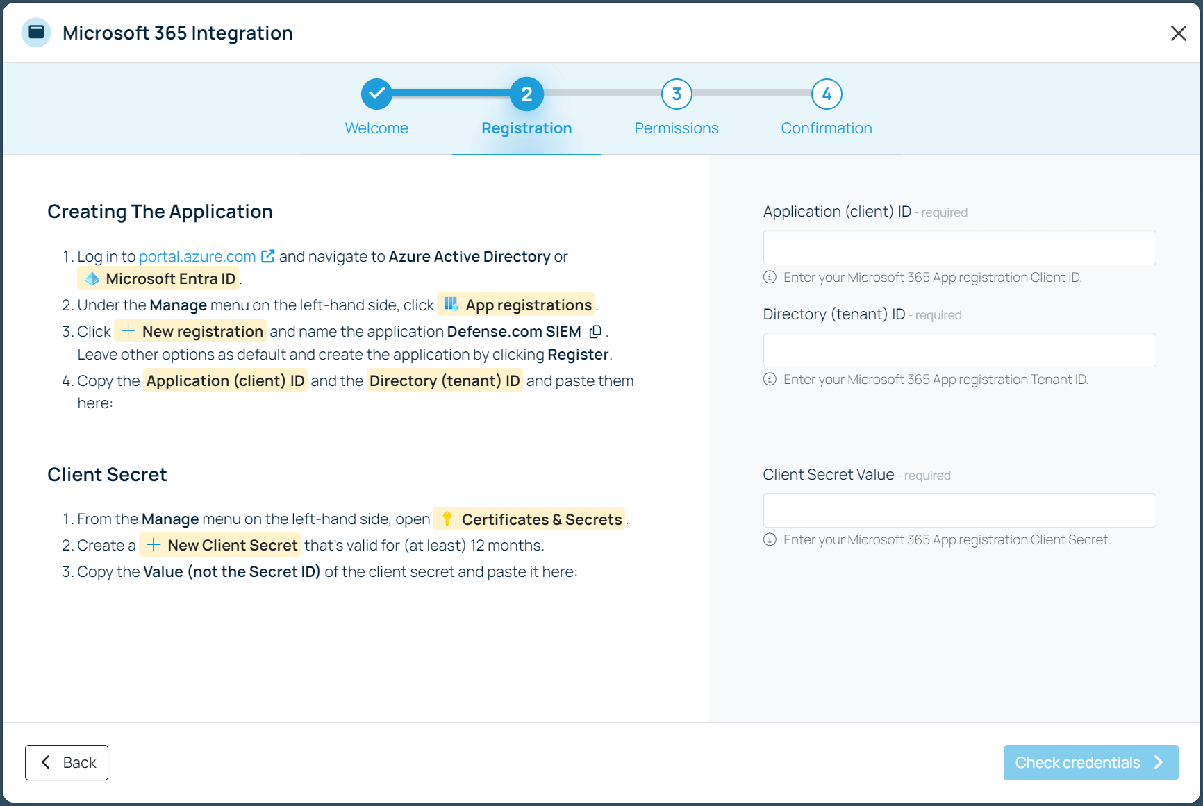 A screenshot of the Defense.com Microsoft 365 integration wizard.