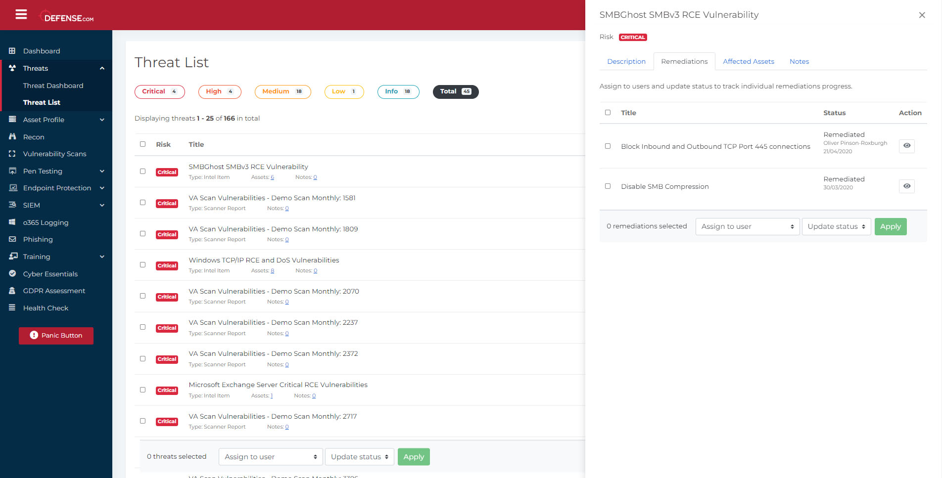 The remediation log in Defense.com™ threat dashboard