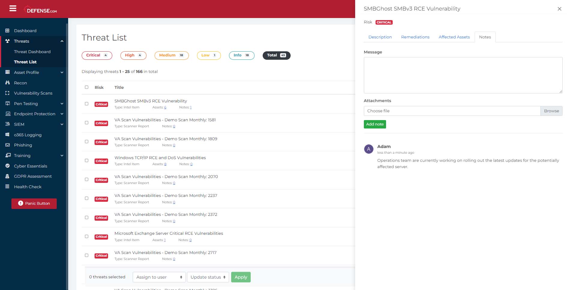 The note feature in Defense.com™ threat dashboard