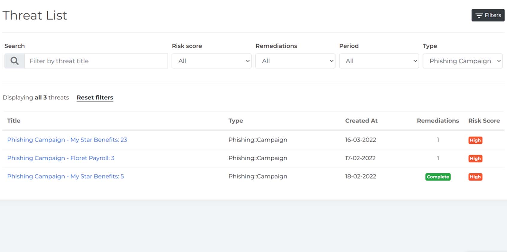 Defense.com™ dashboard threat list Defense.com™ dashboard threat list